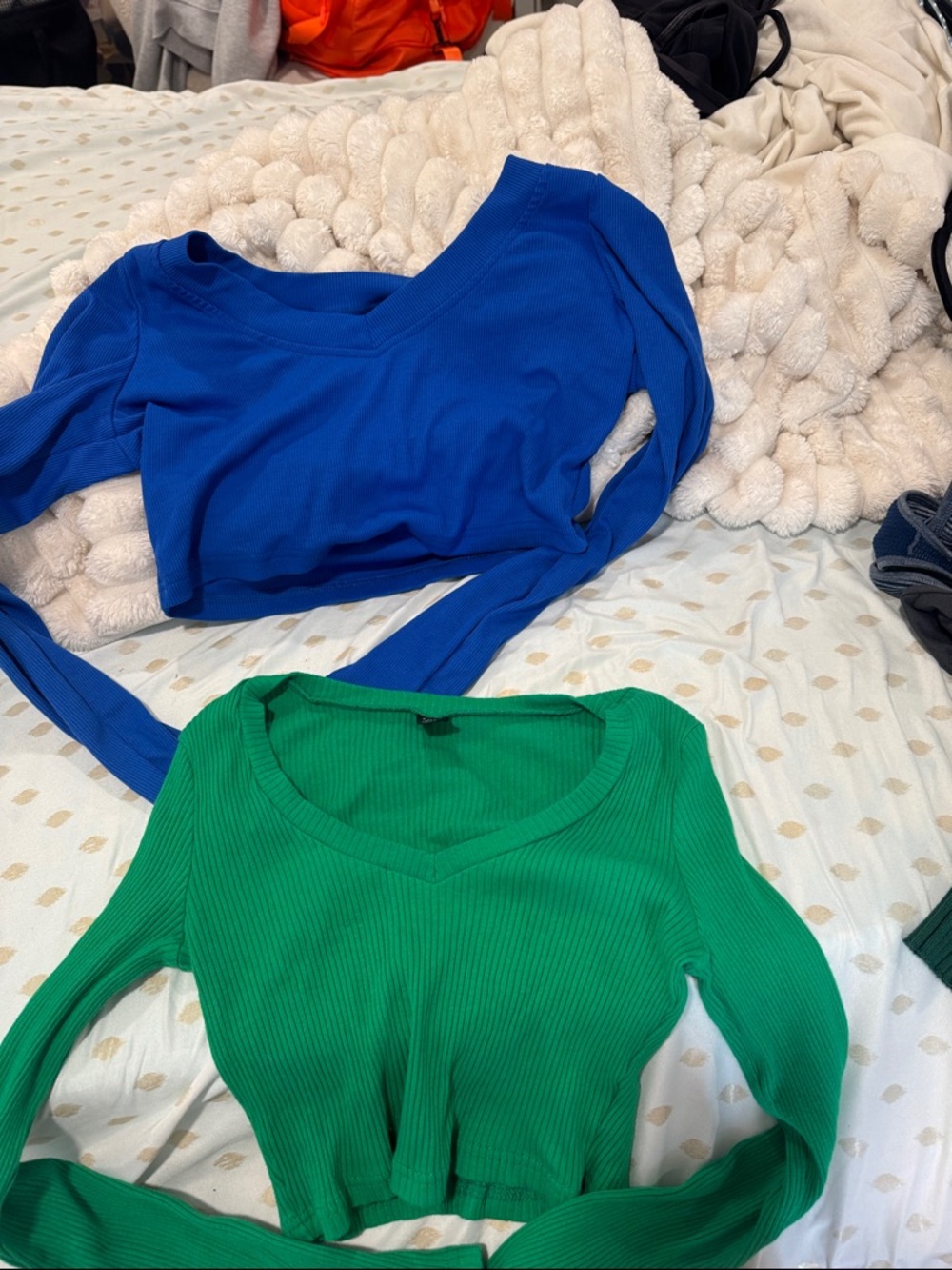 SHEIN Blue & Green Ribbed Long Sleeve Crop Tops